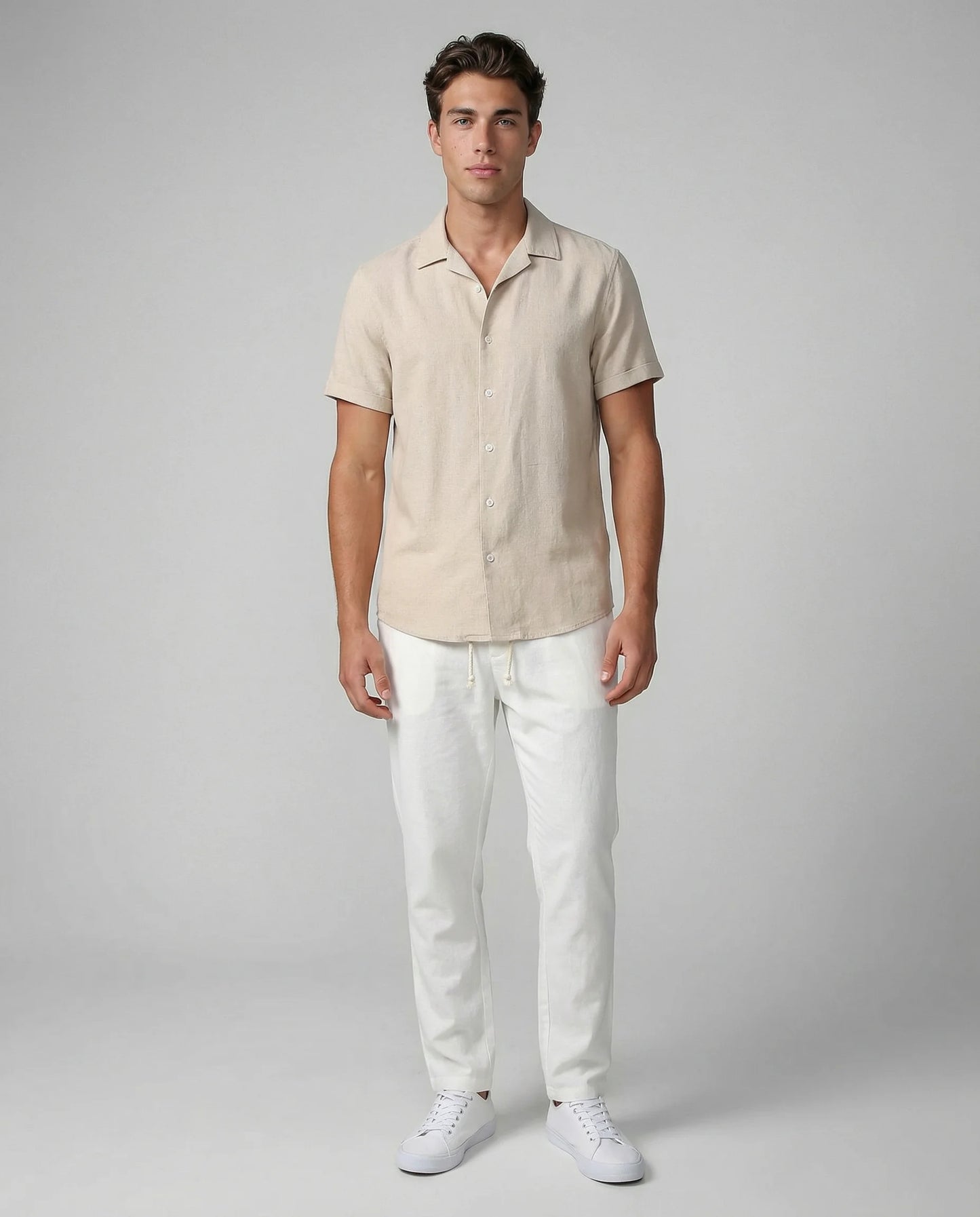 Beige linen shirt and trousers set for men by Ilynora, front view with breathable fabric and clean silhouette