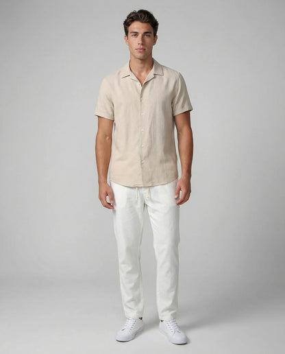 Beige linen shirt and trousers set for men by Ilynora, front view with breathable fabric and clean silhouette