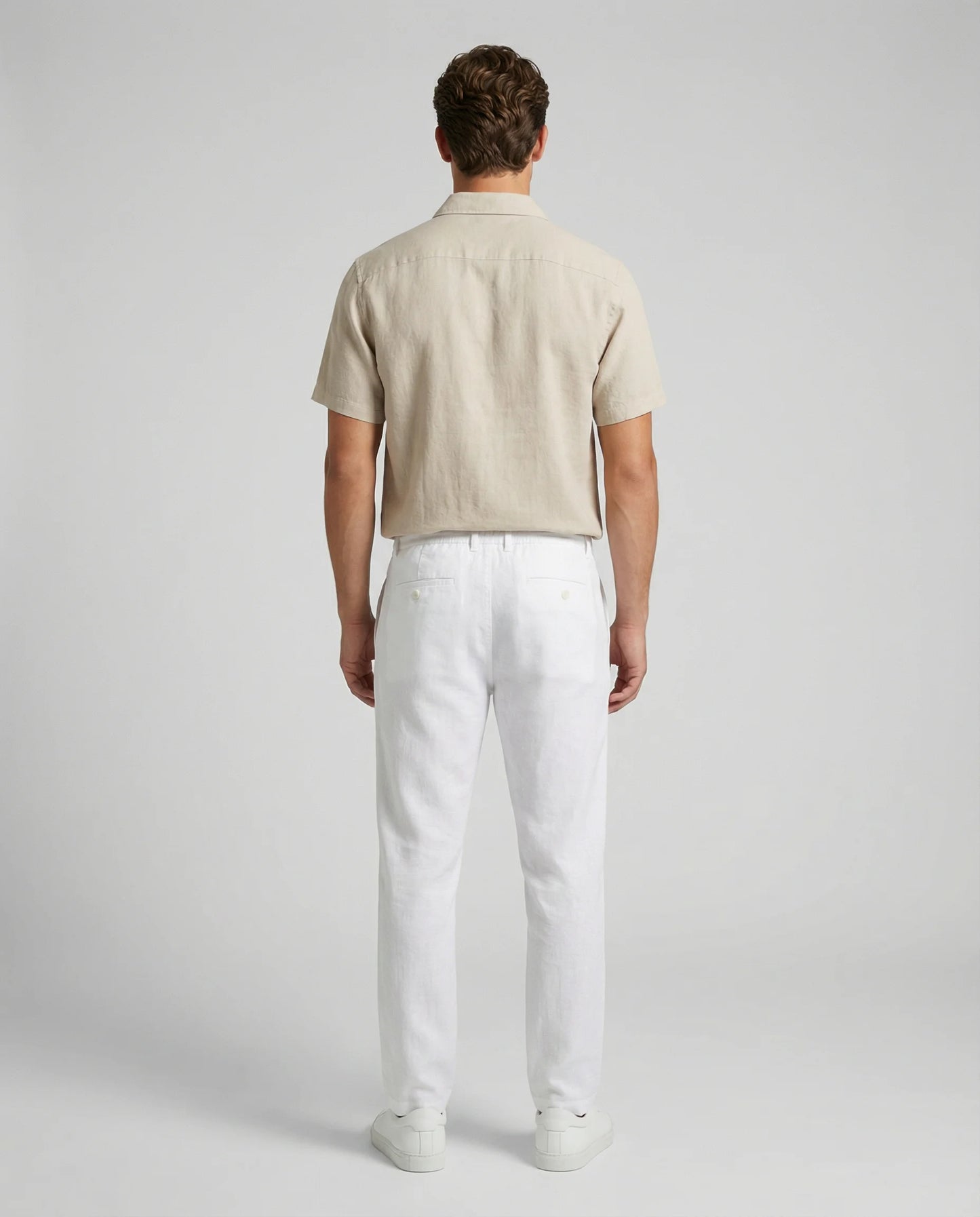 Beige linen shirt and trousers set for men by Ilynora, front view with breathable fabric and clean silhouette