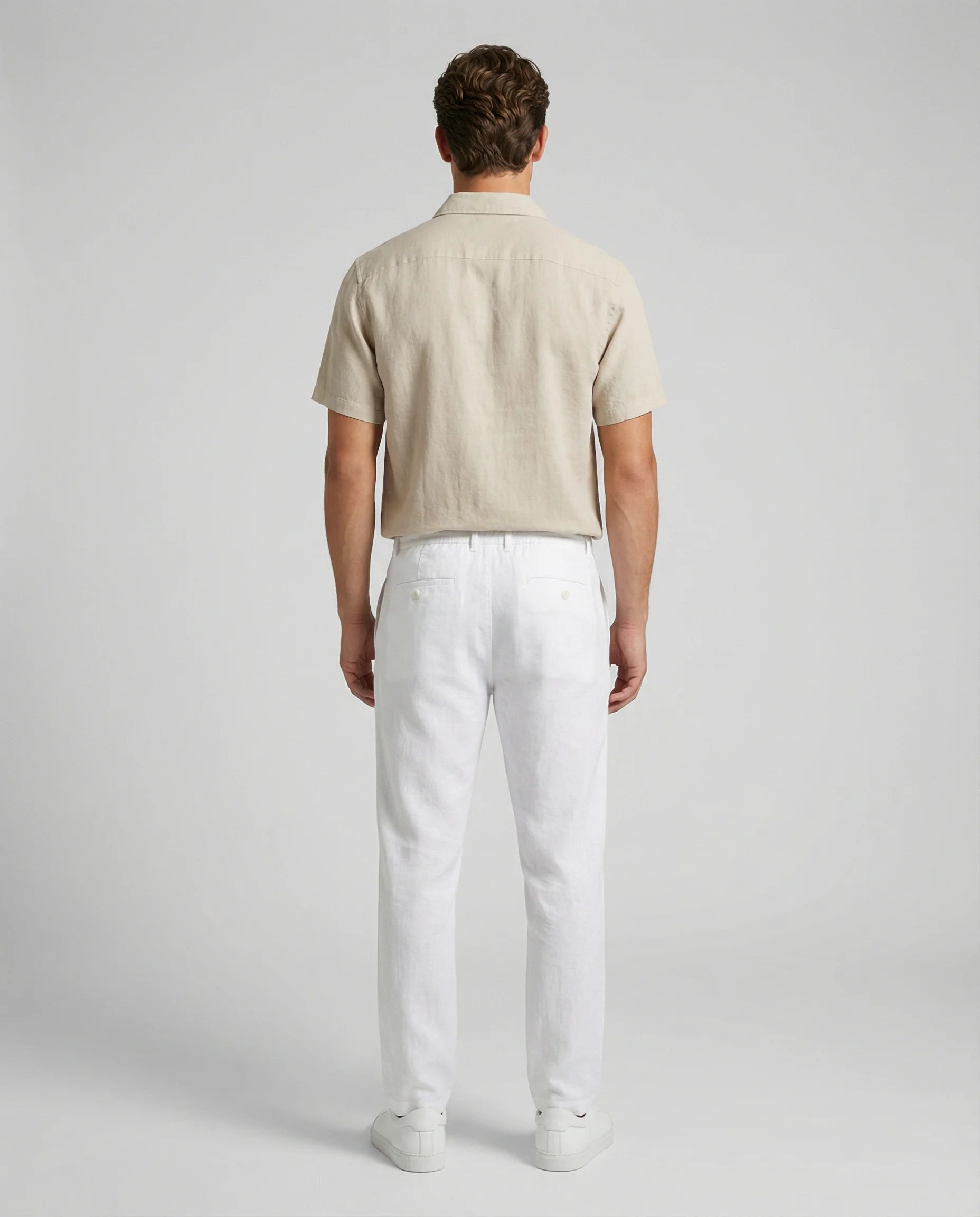 Beige linen shirt and trousers set for men by Ilynora, front view with breathable fabric and clean silhouette