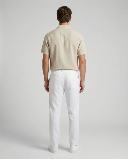 Beige linen shirt and trousers set for men by Ilynora, front view with breathable fabric and clean silhouette