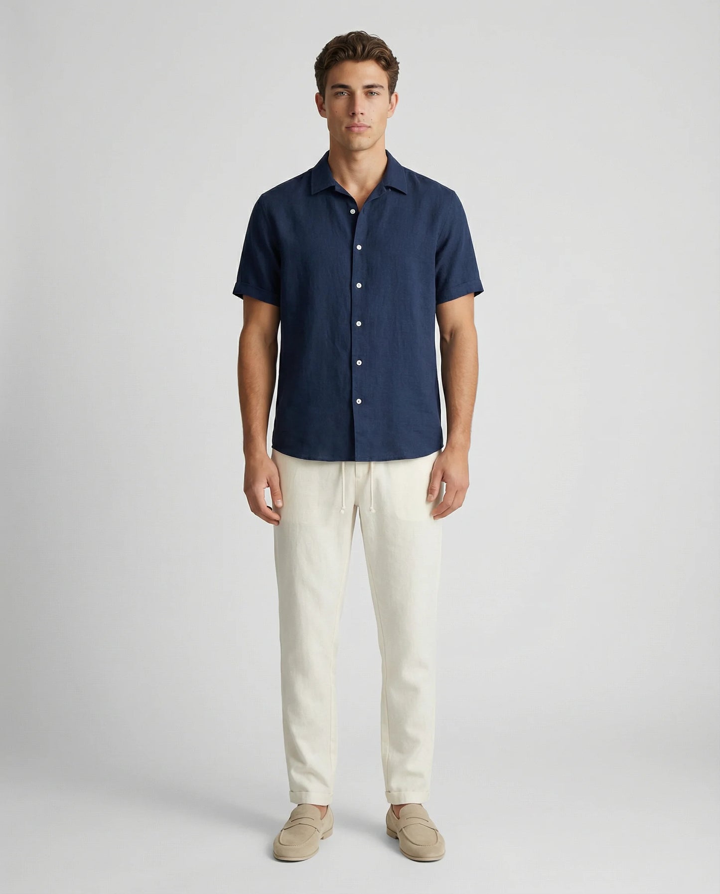 Blue linen shirt and trousers set for men by Ilynora, front view with relaxed fit and summer style