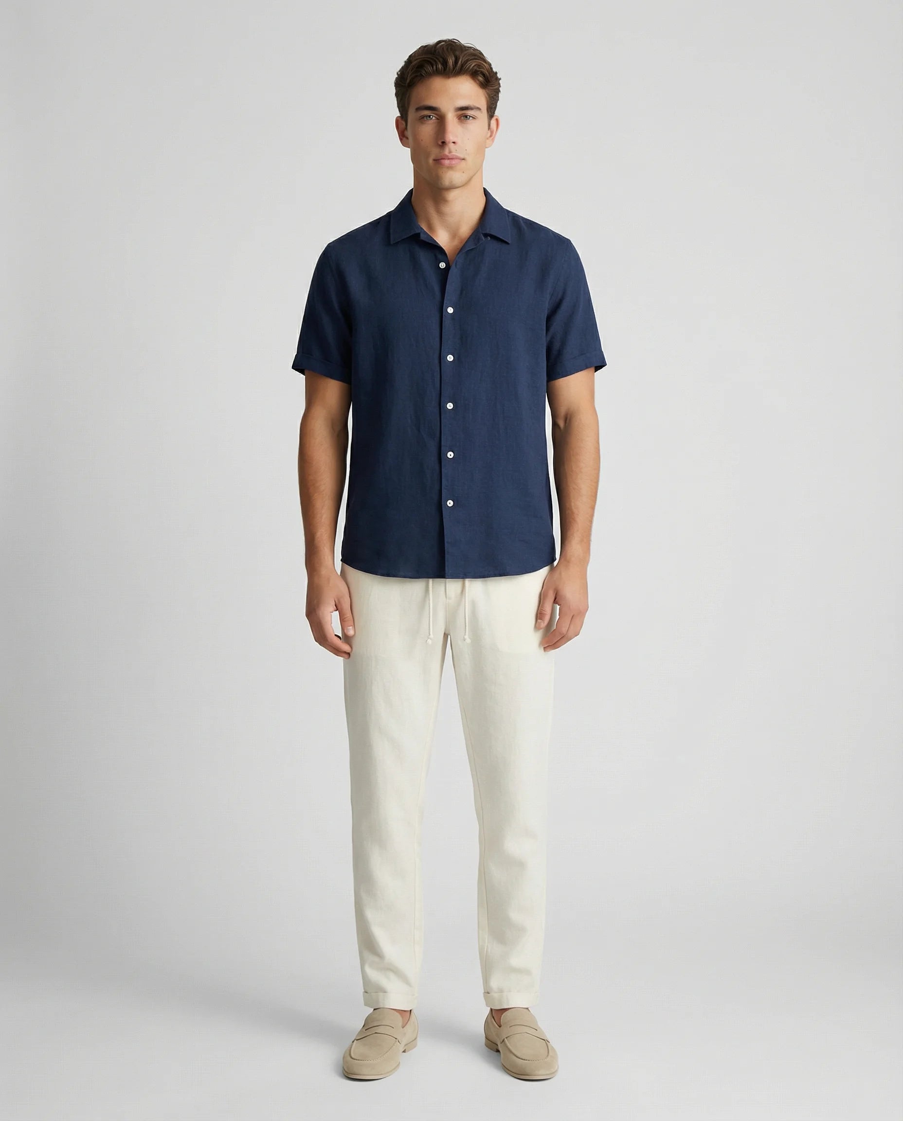 Blue linen shirt and trousers set for men by Ilynora, front view with relaxed fit and summer style