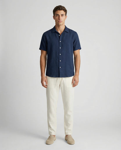 Blue linen shirt and trousers set for men by Ilynora, front view with relaxed fit and summer style