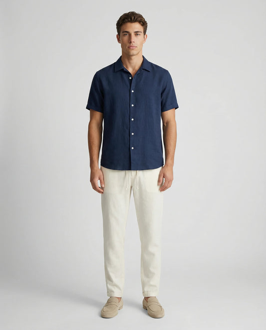 Blue linen shirt and trousers set for men by Ilynora, front view with relaxed fit and summer style