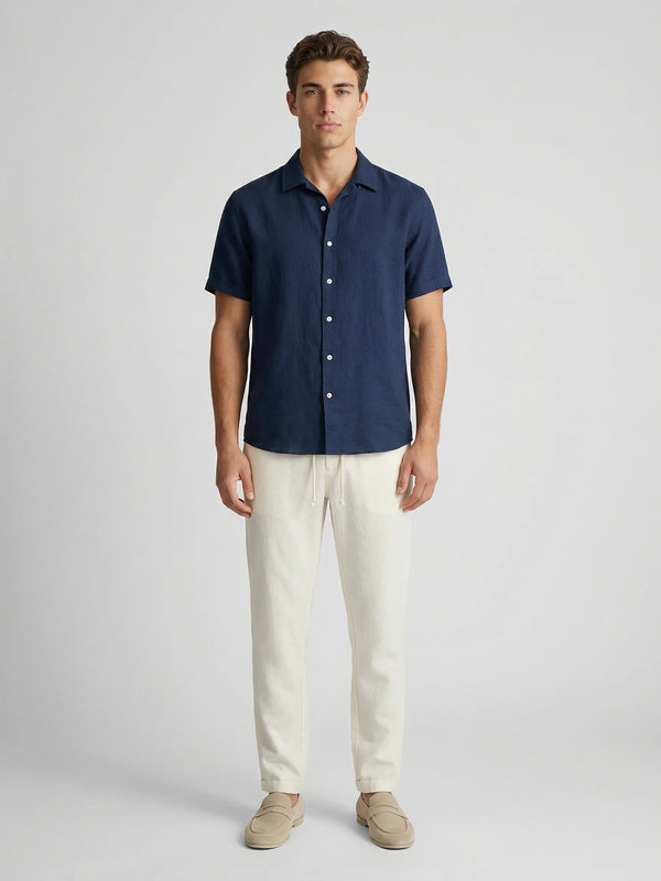 Blue linen shirt and trousers set for men by Ilynora, front view with relaxed fit and summer style