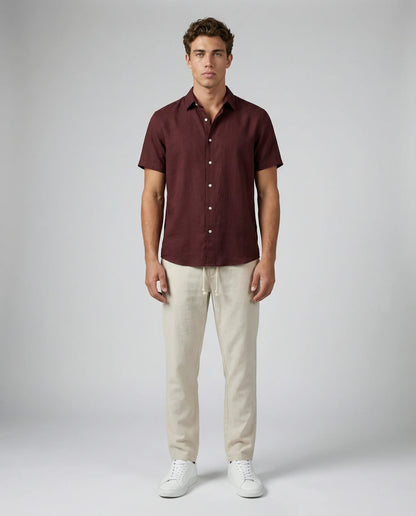 Brown linen shirt and trousers set for men by Ilynora, front view with modern fit and effortless summer look