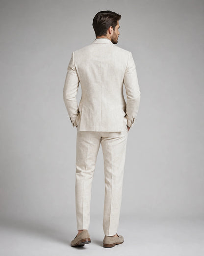 Beige linen summer wedding suit back view with tailored fit and breathable fabric by ILYNORA