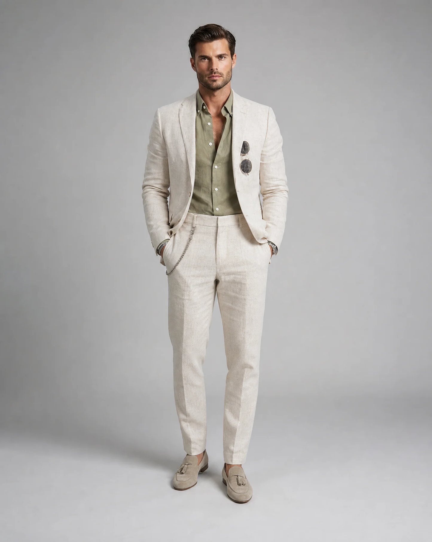 Beige linen summer wedding suit with slim fit tailoring and lightweight formal styling by ILYNORA