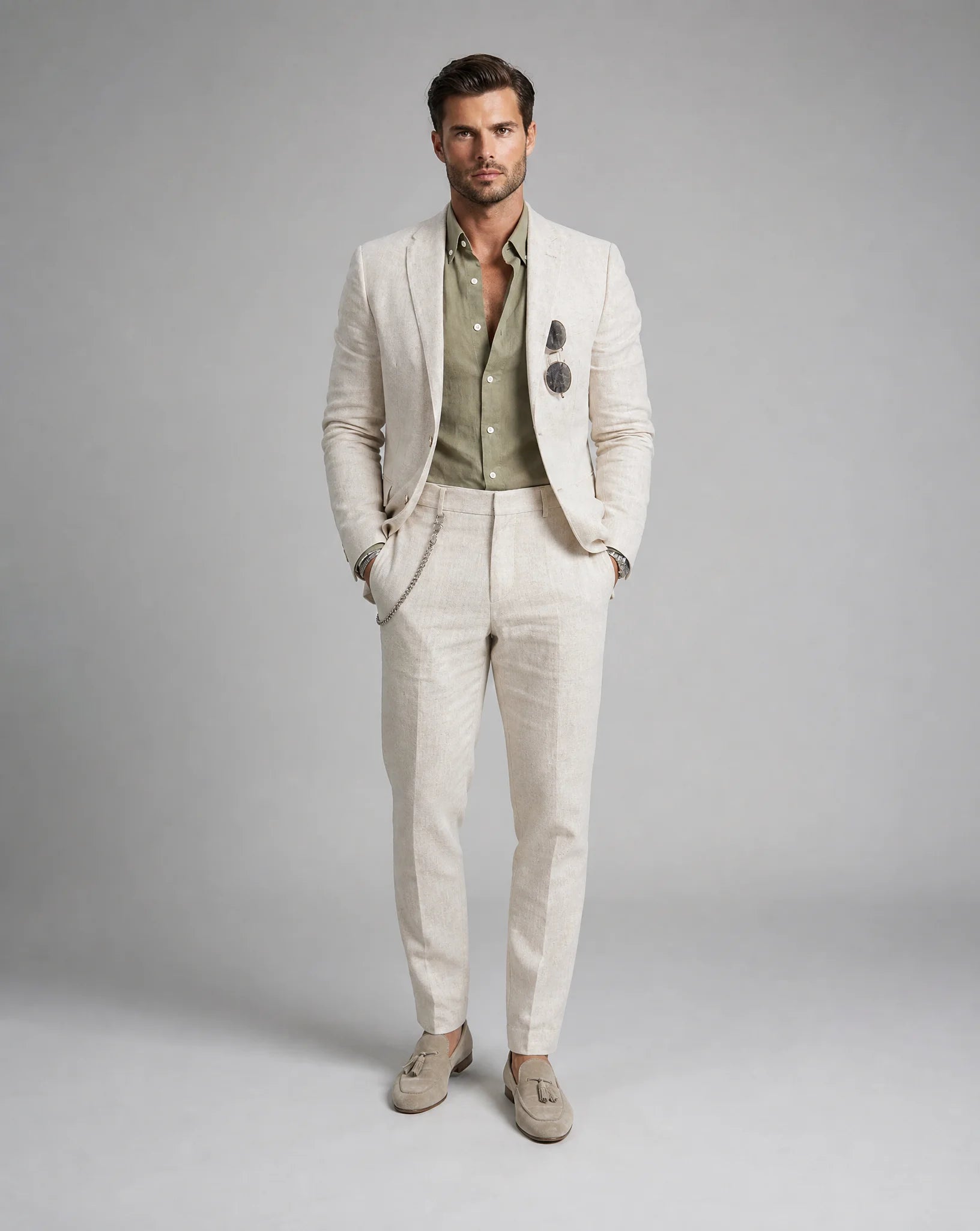 Beige linen summer wedding suit with slim fit tailoring and lightweight formal styling by ILYNORA