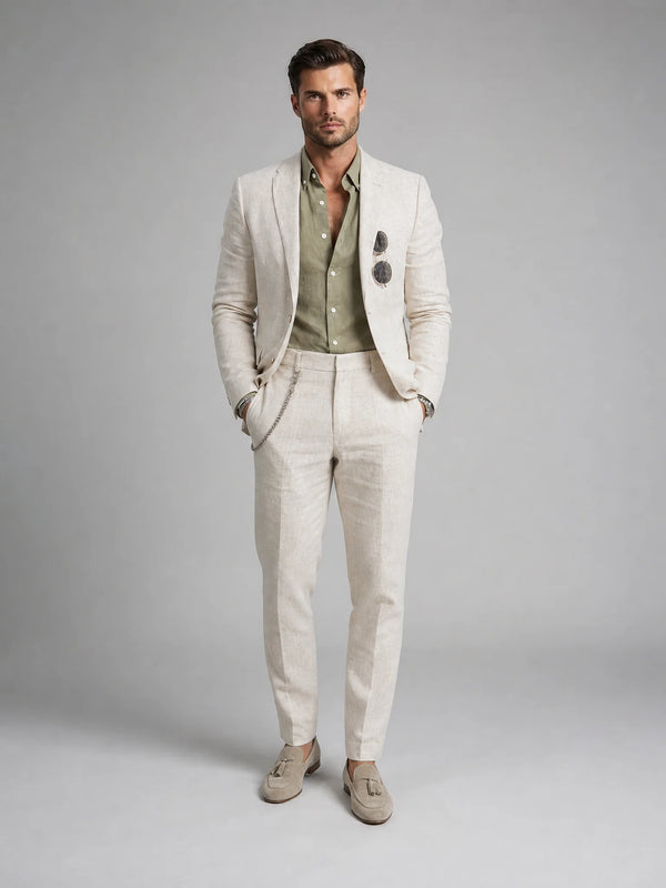 Beige linen summer wedding suit with slim fit tailoring and lightweight formal styling by ILYNORA