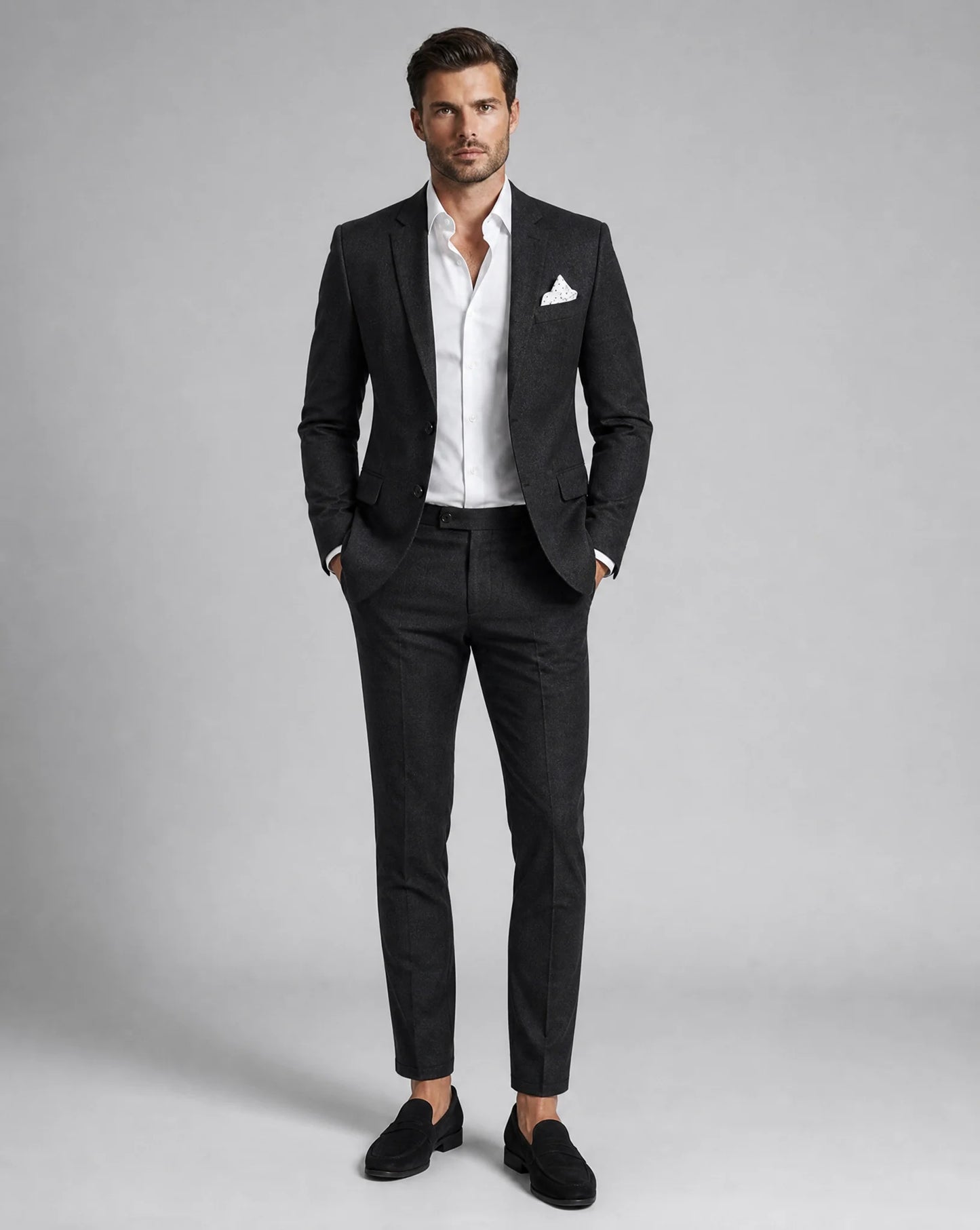 Black linen summer wedding suit with lightweight tailoring and classic formalwear styling by ILYNORA