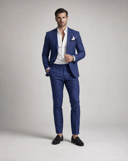 Dark blue linen summer wedding suit with slim fit blazer and elegant occasion styling by ILYNORA