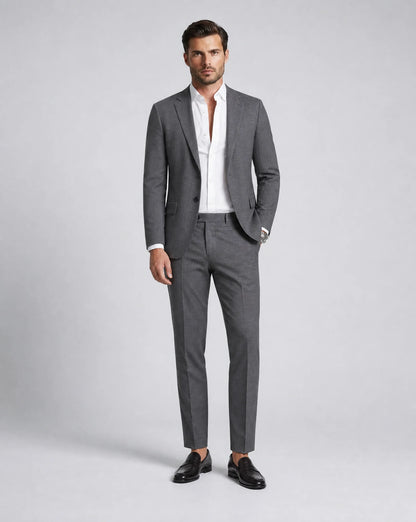 Grey linen summer wedding suit with slim fit blazer and tailored trousers by ILYNORA