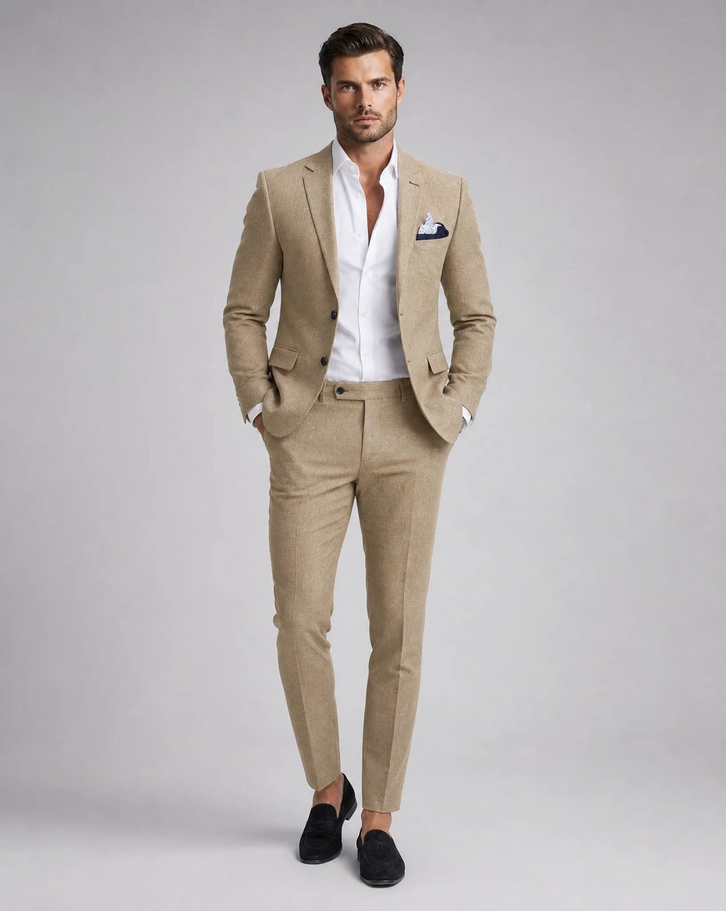 Khaki linen summer wedding suit with lightweight tailoring and smart casual styling by ILYNORA