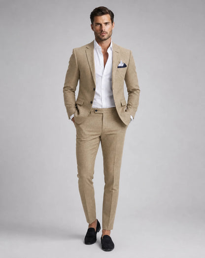 Khaki linen summer wedding suit with lightweight tailoring and smart casual styling by ILYNORA