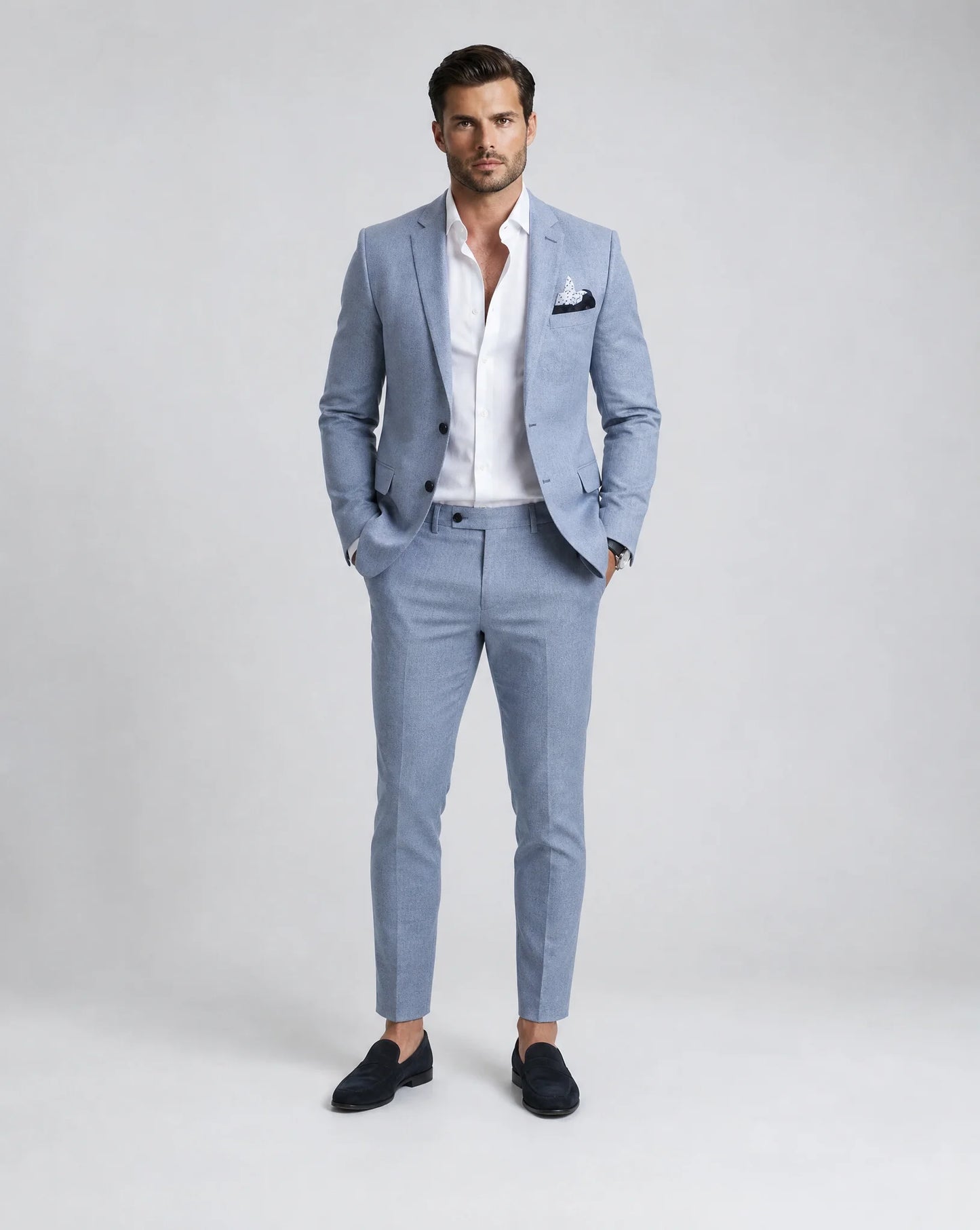 Light blue linen summer wedding suit with breathable fabric and tailored fit by ILYNORA