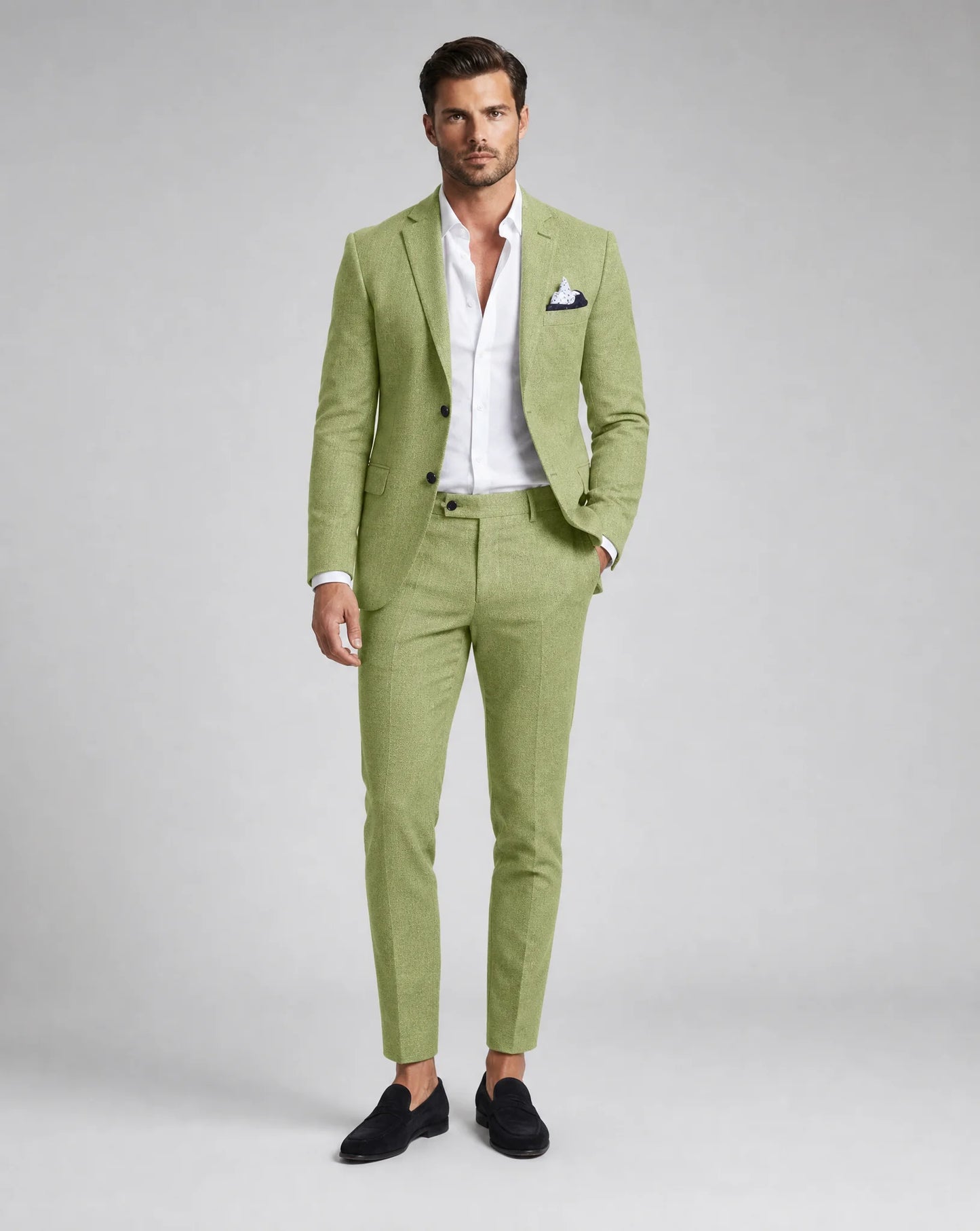 Light green linen summer wedding suit with relaxed tailoring and destination wedding style by ILYNORA