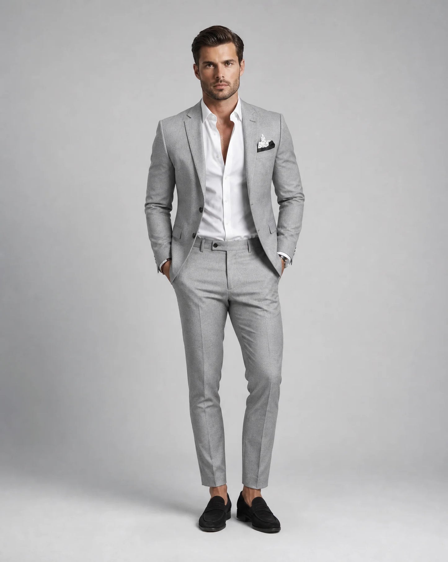 Light grey linen summer wedding suit with breathable fabric and refined slim fit silhouette by ILYNORA