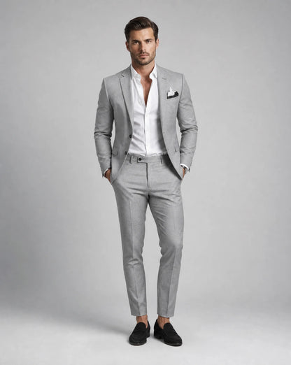 Light grey linen summer wedding suit with breathable fabric and refined slim fit silhouette by ILYNORA