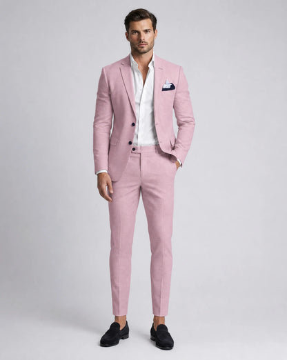 Pink linen summer wedding suit with modern slim fit tailoring and formal occasion look by ILYNORA