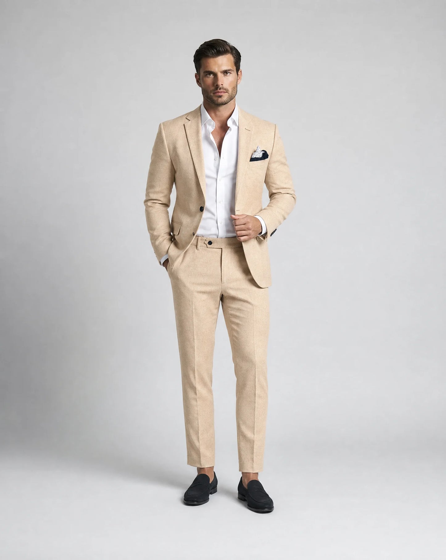 Light yellow linen summer wedding suit with tailored silhouette and warm weather styling by ILYNORA