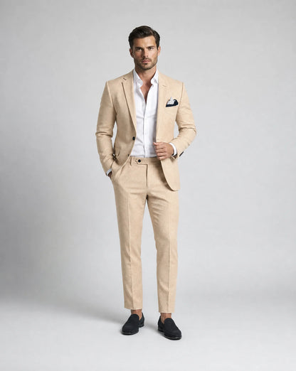 Light yellow linen summer wedding suit with tailored silhouette and warm weather styling by ILYNORA