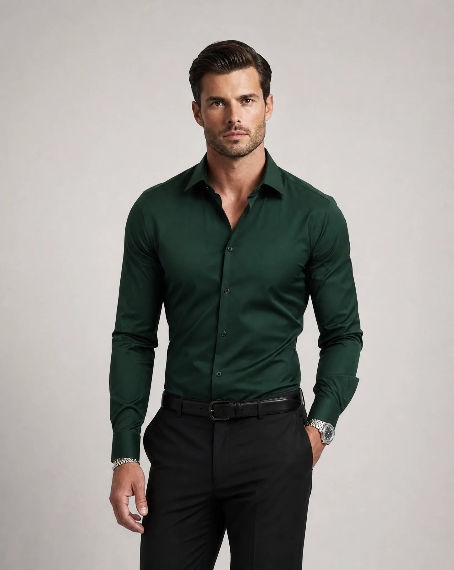 Dark green long sleeve formal shirt with classic collar and smart casual styling by ILYNORA