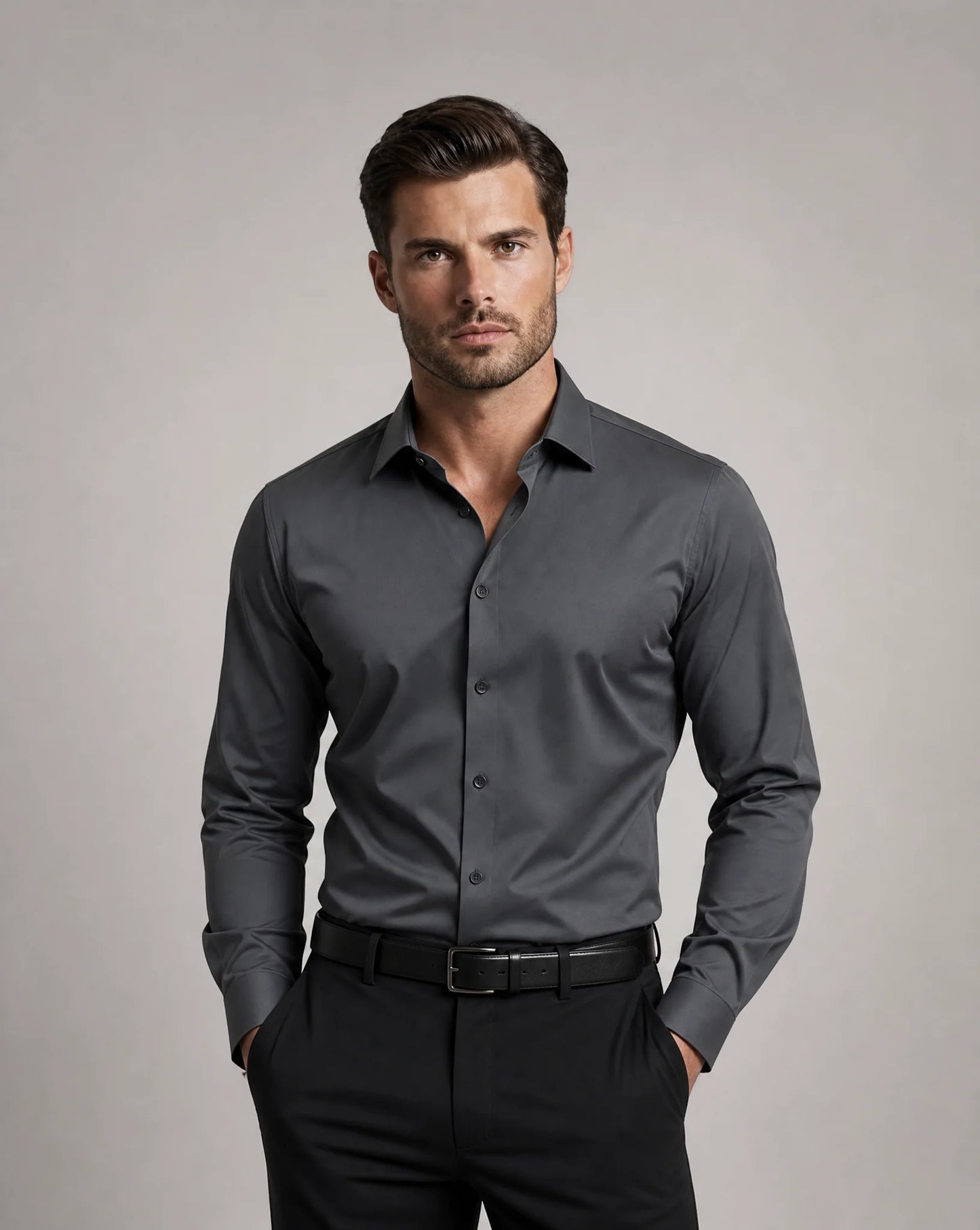 Dark grey long sleeve formal shirt with tailored fit and modern business wear look by ILYNORA