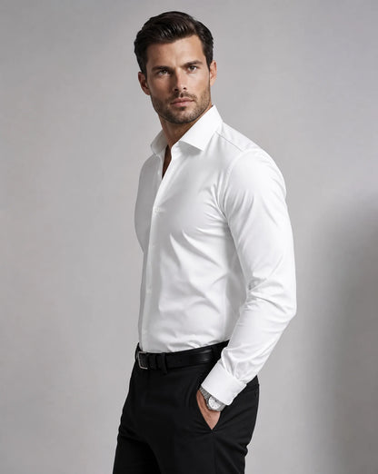 White long sleeve formal shirt side view with button front and smart casual styling by ILYNORA