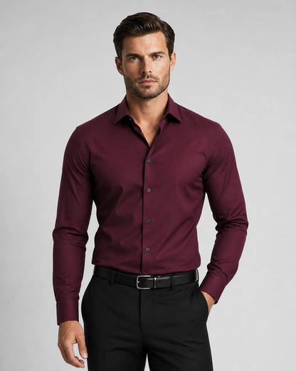 Wine red long sleeve formal shirt with fitted silhouette and elegant evening styling by ILYNORA