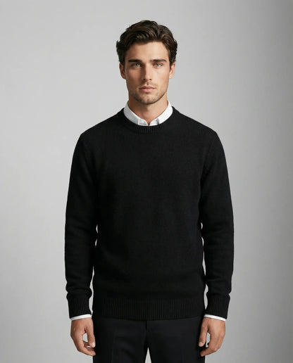 Men's cashmere crewneck sweater in black by Ilynora, front view with clean design and tailored fit