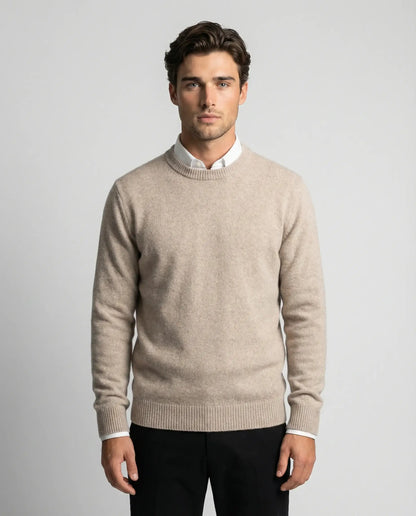 Camel cashmere crewneck sweater for men by Ilynora, front view with warm tone and minimalist design