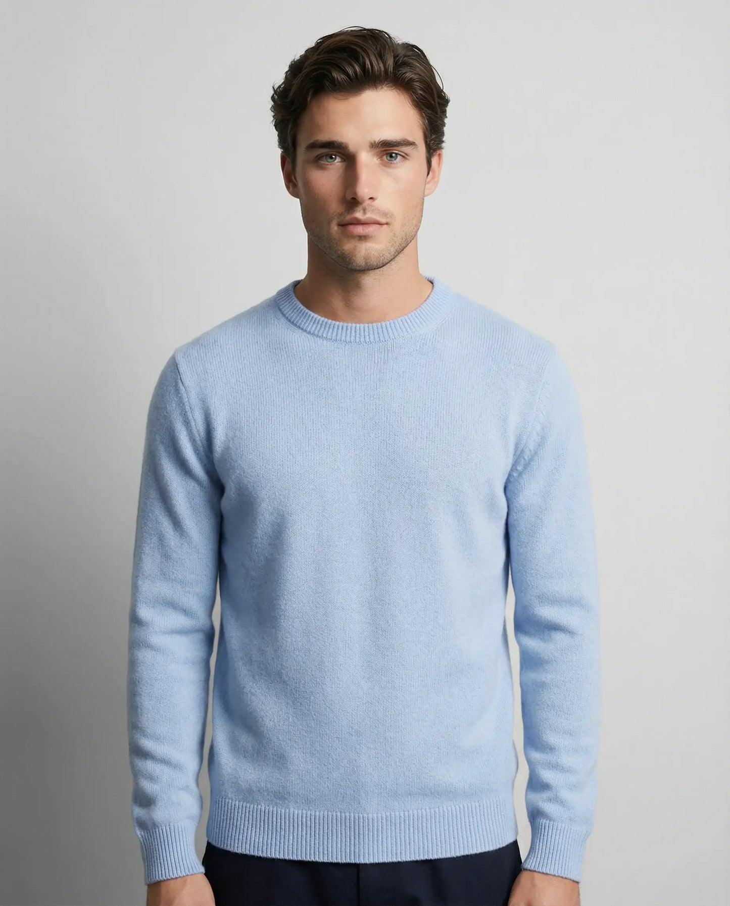 Light blue cashmere crewneck sweater by Ilynora, front view with soft knit and refined fit