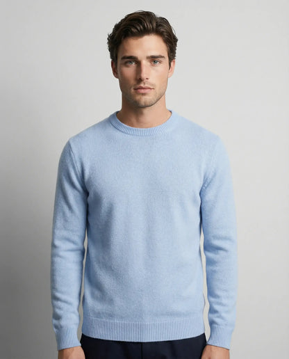 Light blue cashmere crewneck sweater by Ilynora, front view with soft knit and refined fit