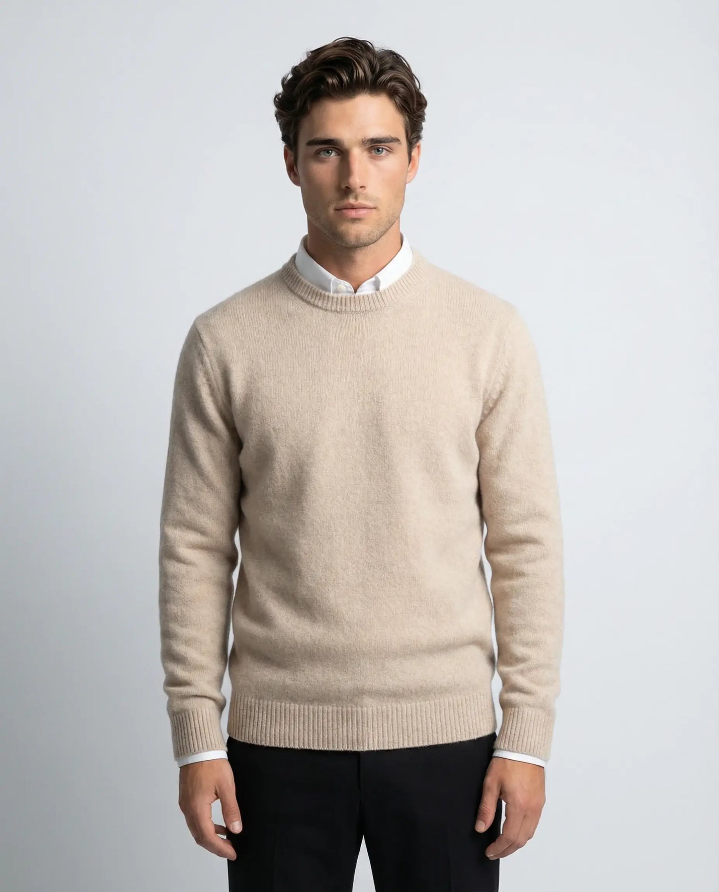 Off white cashmere crewneck sweater for men by Ilynora, front view with soft texture and relaxed fit