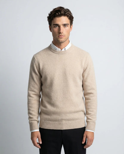 Off white cashmere crewneck sweater for men by Ilynora, front view with soft texture and relaxed fit