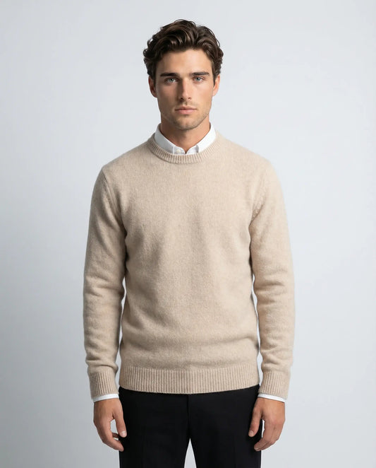 Off white cashmere crewneck sweater for men by Ilynora, front view with soft texture and relaxed fit