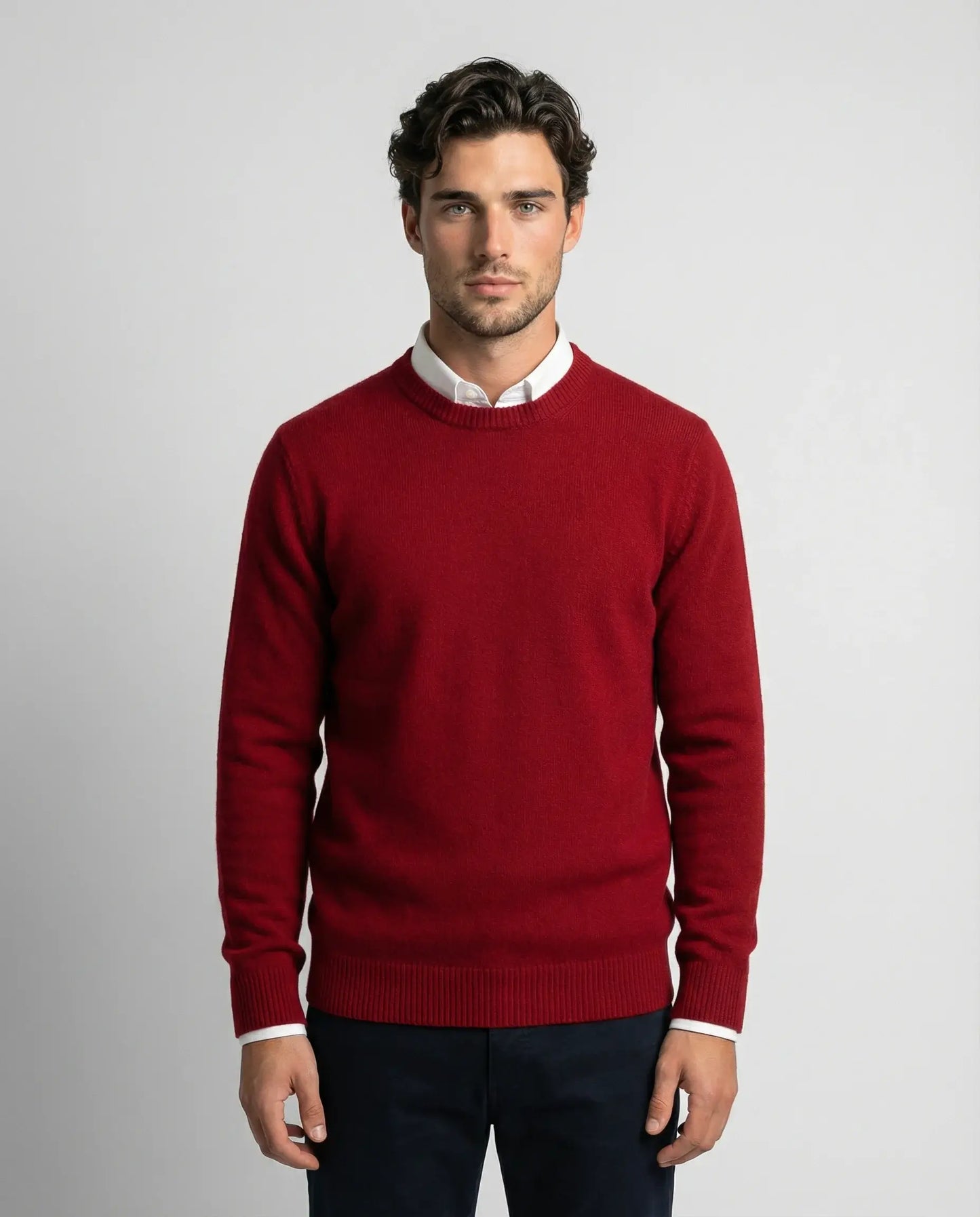 Men's cashmere crewneck sweater in red by Ilynora, front view with bold color and classic silhouette