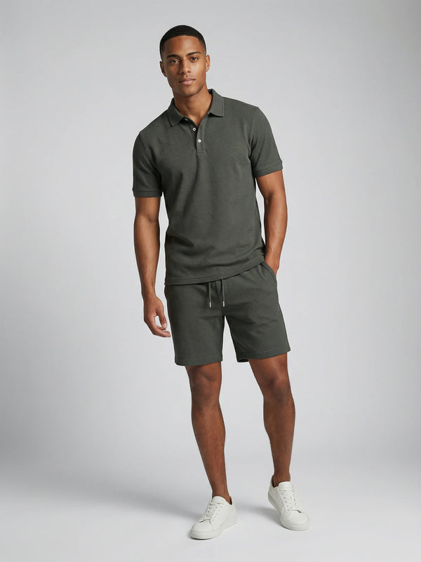 Men's polo shirt and shorts summer set in dark grey by Ilynora, front view with clean silhouette and relaxed fit