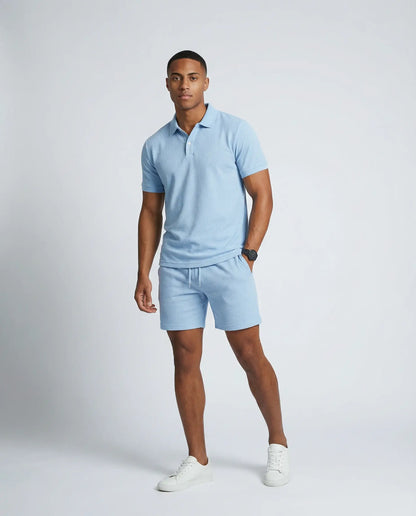 Light blue polo shirt and shorts set for men by Ilynora, front view with clean design and breathable feel