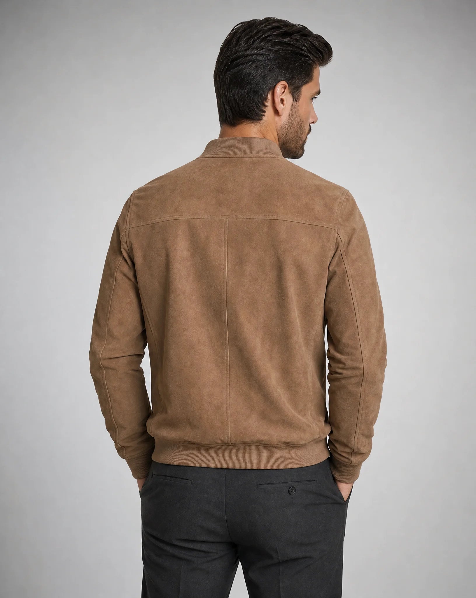 Men's beige suede look bomber jacket with lightweight comfort and timeless everyday appeal by ILYNORA