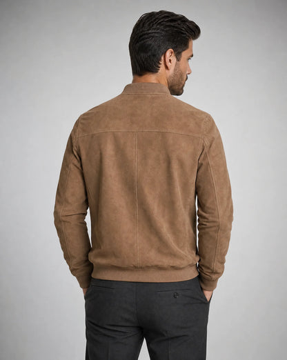Men's beige suede look bomber jacket with lightweight comfort and timeless everyday appeal by ILYNORA