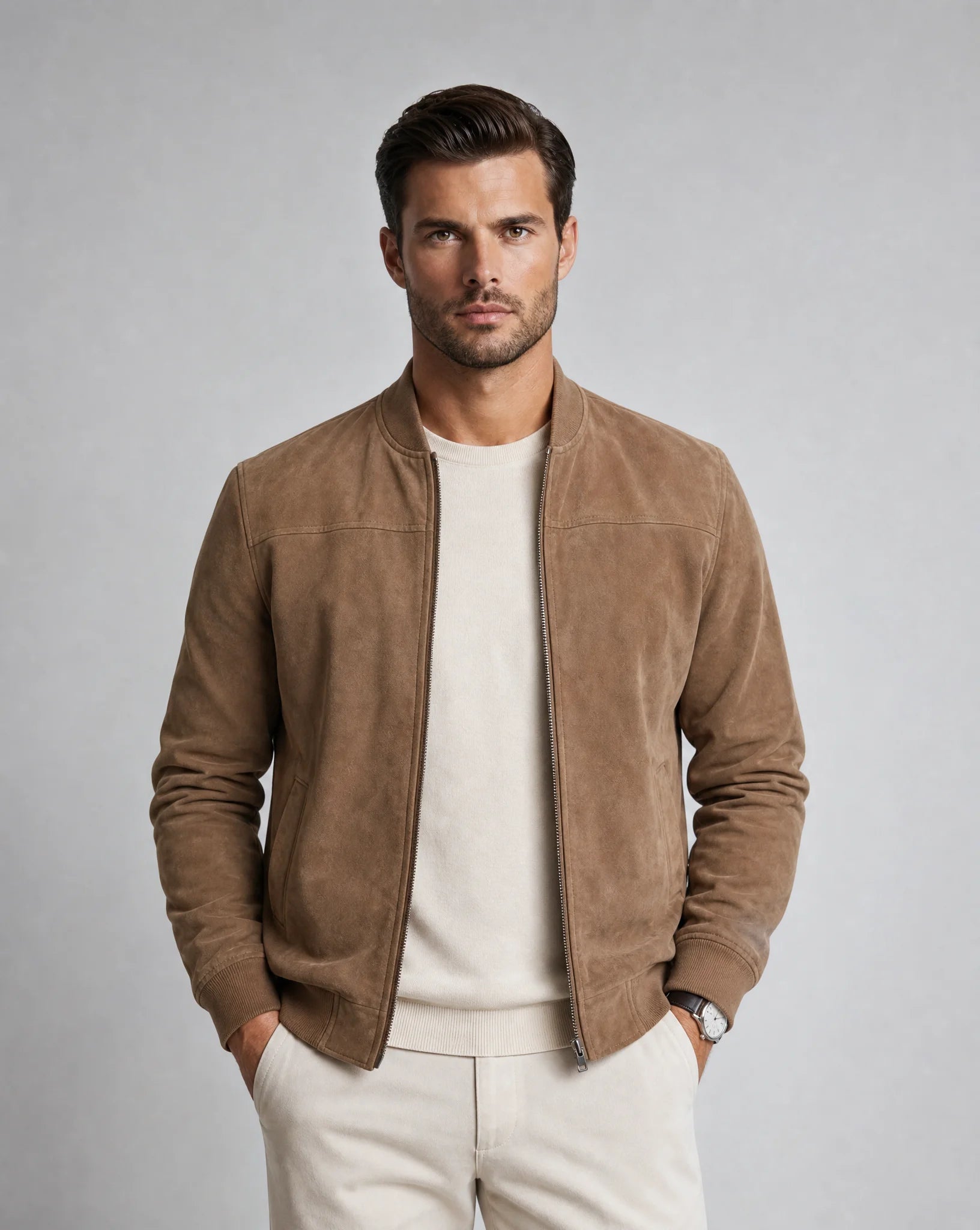 Men's beige premium suede bomber jacket with refined minimalist design and smart casual style by ILYNORA