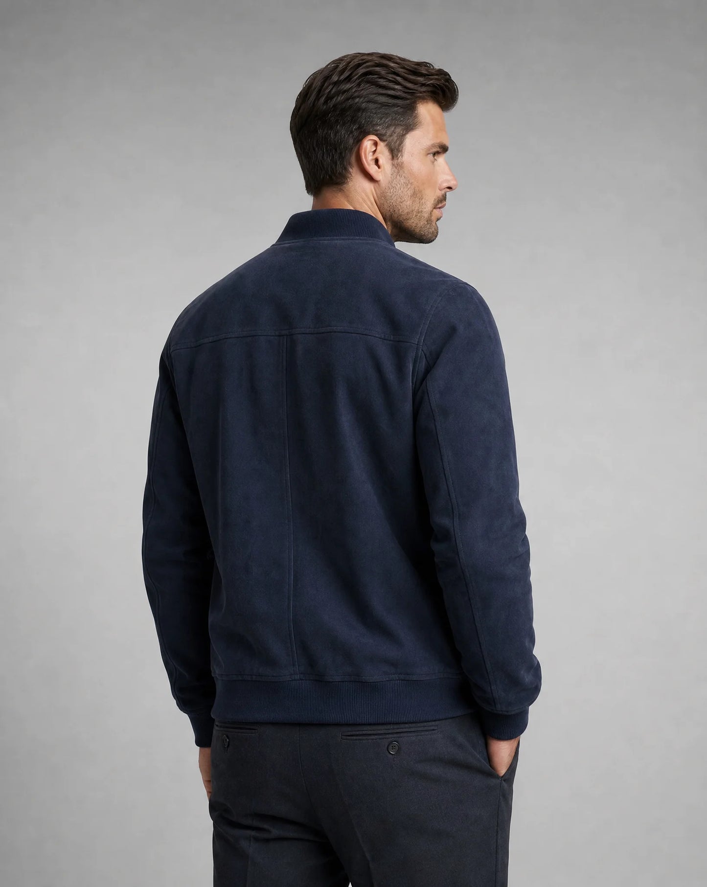 Men's dark blue suede bomber jacket with classic bomber styling and modern versatile fit by ILYNORA