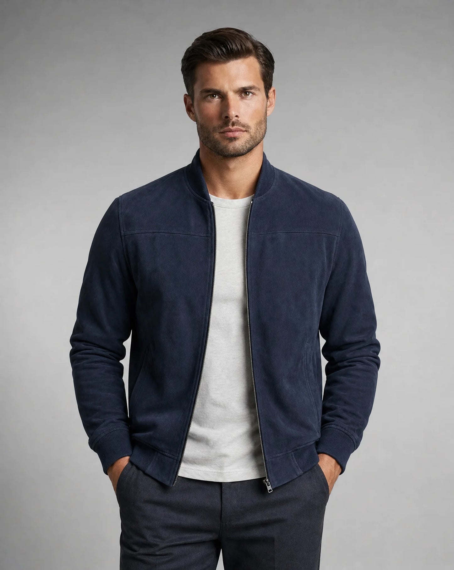 Men's dark blue premium suede bomber jacket with sleek design and refined smart casual look by ILYNORA