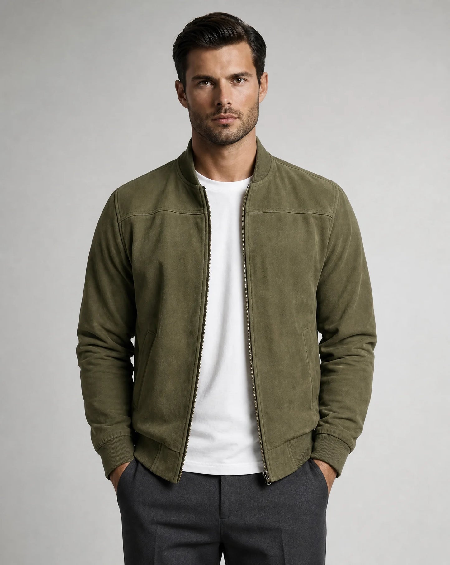 Men's green premium suede bomber jacket with modern fit and versatile casual styling by ILYNORA