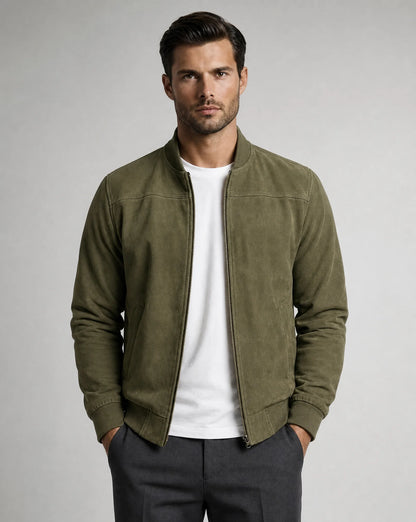 Men's green premium suede bomber jacket with modern fit and versatile casual styling by ILYNORA