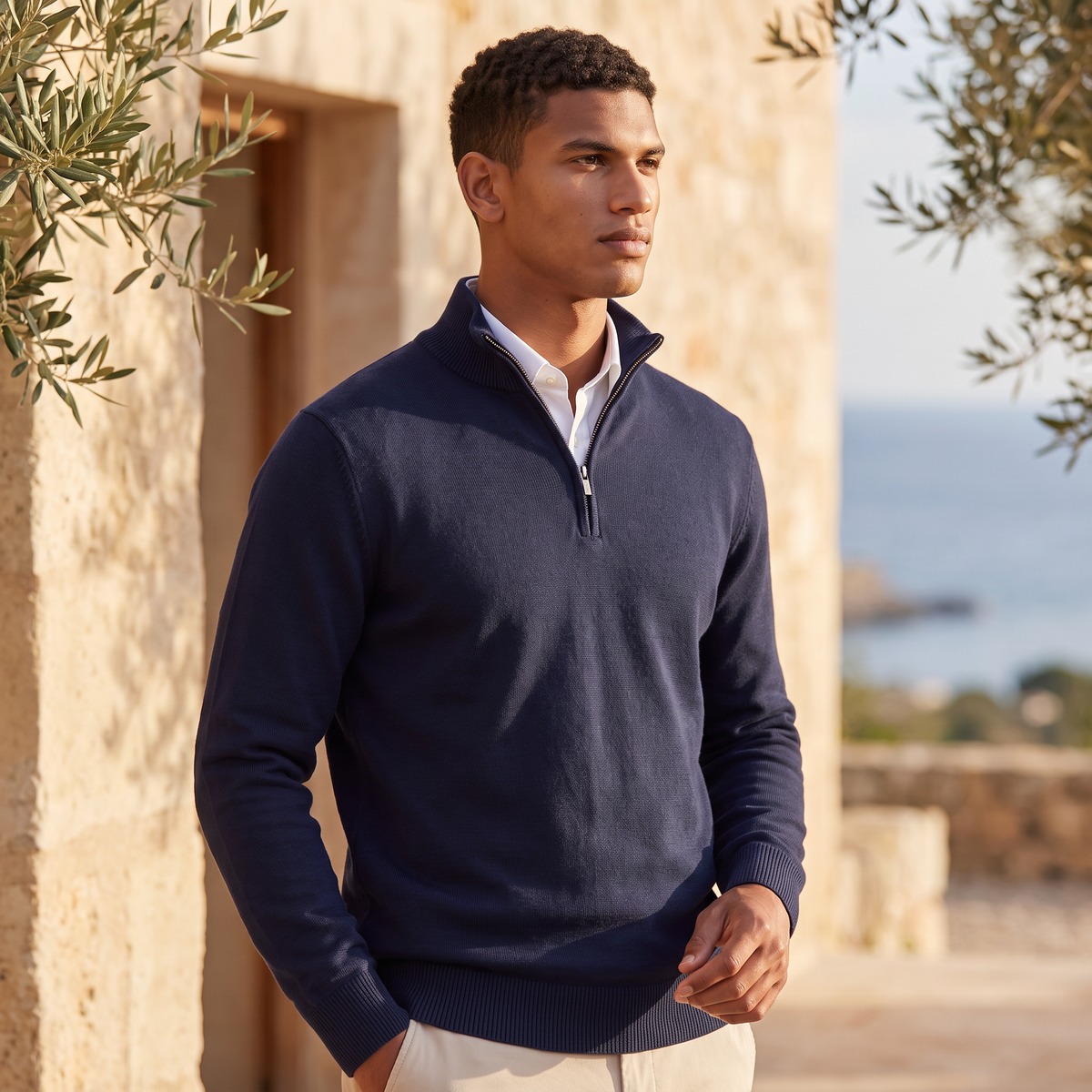 Men's Quarter Zip Knit Sweater with Stand Collar