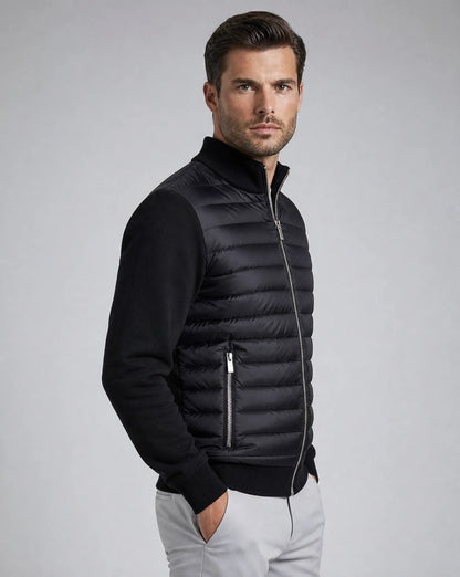 Men's black quilted bomber jacket with ribbed knit sleeves and smart casual design by ILYNORA